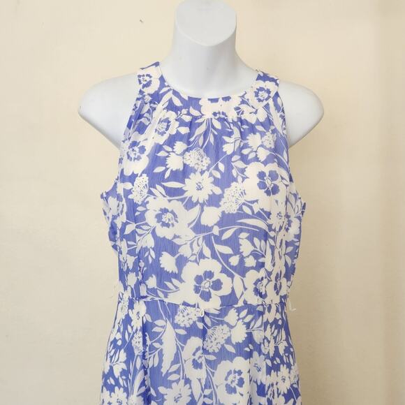TOMMY HILFIGER Blue White Floral Print Halter Neck Sleeveless Fit & Flare Dress - Picture 6 of 9